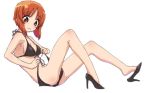  bangs bikini black_bikini black_footwear breasts brown_eyes brown_hair closed_mouth commentary eyes_visible_through_hair from_side frown full_body girls_und_panzer high_heels looking_at_viewer medium_breasts monolith_(suibou_souko) nishizumi_miho shoe_dangle short_hair side-tie_bikini simple_background sitting solo swimsuit untied untied_bikini white_background 