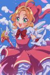  1girl :d absurdres ahoge akechi_anna blue_sky blush bow bowtie cardcaptor_sakura cherry_blossoms cloud cloudy_sky commentary cosplay cowboy_shot curtained_hair day double_bun dress falling_petals frilled_gloves frilled_sleeves frills fuuin_no_tsue glove_bow gloves green_eyes hair_bun hair_intakes hat highres holding holding_wand index_finger_raised kinomoto_sakura kinomoto_sakura_(cosplay) kinomoto_sakura_(magician) looking_at_viewer magical_girl medium_hair meitantei_precure! mepomipoprepre2 mob_cap open_mouth orange_hair outdoors parody parted_bangs petals petticoat pink_dress pink_hat pink_petals precure puffy_short_sleeves puffy_sleeves red_bow red_bowtie short_sleeves sidelocks sky sleeve_bow smile solo teeth thick_eyebrows twitter_username upper_teeth_only wand white_bow white_gloves white_wings wings 
