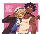  2boys alternate_skin_color arm_tattoo ascot black_hair blonde_hair blue_shirt chest_tattoo commentary commission earrings facial_hair goatee hat highres jewelry looking_up male_focus multiple_boys one_piece sabo_(one_piece) shirt short_hair tank_top tattoo themetalhiro trafalgar_law white_ascot white_tank_top yaoi 