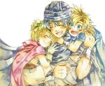  ake_(ake54) bianca's_daughter bianca's_son blonde_hair blue_eyes blush commentary_request dragon_quest dragon_quest_v father_and_daughter father_and_son hero_(dq5) multiple_boys short_hair smile traditional_media watercolor_pencil_(medium) 