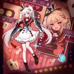  1girl black_boots black_gloves black_hat boots braid commentary detached_sleeves facial_mark fang full_body gloves hand_up hat highres honkai:_star_rail honkai_(series) long_hair long_sleeves looking_at_viewer mark_under_both_eyes mini_hat mini_top_hat multicolored_hair open_mouth red_hair single_glove single_sock skirt socks sparkle_(honkai:_star_rail) sparxie_(honkai:_star_rail) standing standing_on_one_leg streaked_hair thigh_strap top_hat twintails very_long_hair white_hair white_skirt white_socks yuna_(deadawon) 