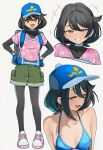  1girl ai-generated backpack bag black_hair bodysuit female_protagonist_(pokemon_ww) fingerless_gloves gloves highres open_mouth pokemon pokemon_ww simple_background smug ueponzu white_background 