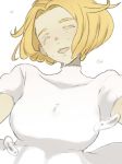  bel_(pokemon) blonde_hair breasts canari dress facing_viewer highres large_breasts md5_mismatch open_mouth pokemon pokemon_(game) pokemon_bw shirt short_hair short_sleeves solo tears upper_body white_shirt 