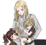  1girl 2boys :o aged_down aloysius_(shining_nikki) alternate_universe bandaid bandaid_on_cheek bandaid_on_face bandaid_on_knee bandaid_on_leg bare_arms bare_legs black_pants black_shirt black_shorts blonde_hair bow brown_hair buttons caprico_(shining_nikki) child collared_shirt commentary dodora_(shining_nikki) dot_nose downturned_eyes dress_shirt elf english_commentary expressionless gradient_hair green_eyes grey_tunic hair_between_eyes hair_bow hand_on_another's_back happy highres light_blush long_hair long_sidelocks long_sleeves looking_at_another messy_hair multicolored_hair multiple_boys nikki_(series) nonoberry22 pants parted_lips pink_hair pointy_ears red_bow red_eyes red_shirt shining_nikki shirt short_sleeves shorts sidelocks simple_background sitting smile straight_hair t-shirt tunic twintails two-tone_hair very_long_hair white_background white_shirt yellow_eyes 