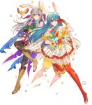  2girls animal_ear_hairband animal_ears aqua_eyes aqua_hair bare_shoulders bird black_pantyhose blue_eyes blue_hair blue_shirt blush boots breasts brown_boots brown_gloves clenched_teeth damaged dress eirika_(fire_emblem) eirika_(spring_company)_(fire_emblem) fake_animal_ears fake_tail fingerless_gloves fire_emblem fire_emblem:_radiant_dawn fire_emblem:_the_sacred_stones fire_emblem_heroes flower gloves grey_hair hair_ribbon hairband high_heels highres holding kippu long_hair looking_at_viewer micaiah_(fire_emblem) micaiah_(spring_company)_(fire_emblem) multiple_girls neckerchief non-web_source official_alternate_costume official_art one_eye_closed pantyhose purple_neckerchief purple_vest rabbit_ears rabbit_tail red_boots red_gloves red_neckerchief red_shirt ribbon shirt skirt sleeveless smile stuffed_animal stuffed_rabbit stuffed_toy tail teeth thigh_boots torn_clothes torn_dress vest white_hairband white_skirt yellow_eyes yellow_vest 