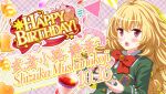  1girl :o bad_id balloon bilingual_text blazer blonde_hair blush bow bowtie brooch character_name confetti cup curly_hair dot_nose emblem english_text flower game_cg gem green_jacket happy_birthday heart_balloon holding holding_cup holding_saucer idol_wars jacket jewelry long_hair long_sleeves looking_at_viewer mixed-language_text mushanokouji_shizuka official_art open_mouth orange_flower orange_gem orange_rose pink_tiara plaid_background purple_eyes red_bow red_bowtie red_ribbon ribbon rose saucer school_uniform second-party_source solo star_(symbol) string_of_flags tea teacup tiara unworn_headwear upper_body 