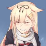  :d black_shirt blonde_hair blue_background blush closed_eyes commentary dan_(kumadan) darling_in_the_franxx dated eyebrows_visible_through_hair facing_viewer grin hair_flaps hair_ornament hair_ribbon hairclip kantai_collection long_hair neckerchief open_mouth parody red_neckwear remodel_(kantai_collection) revision ribbon scarf school_uniform serafuku shiny shiny_hair shirt signature simple_background single_sidelock smile solo straight_hair teeth upper_body v-shaped_eyebrows white_scarf yuudachi_(kantai_collection) 