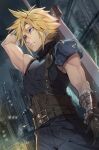  armor bandaged_arm bandages belt blonde_hair blue_eyes blue_pants blue_shirt brown_belt brown_gloves buster_sword city closed_mouth cloud_strife commentary_request cowboy_shot duplicate earrings final_fantasy final_fantasy_vii gloves hair_between_eyes highres holding holding_sword holding_weapon jewelry multiple_belts nasubin_(nasubisamurai15) outdoors pants pauldrons ribbed_shirt shirt short_hair shoulder_armor single_bare_shoulder single_earring single_pauldron sleeveless sleeveless_turtleneck spiked_hair suspenders sword sword_on_back toned toned_male turtleneck weapon weapon_on_back 
