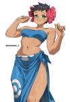  1girl absurdres bandeau bare_shoulders black_hair blue_bandeau blue_eyes blue_sarong blush breasts commentary_request dark-skinned_female dark_skin flower hair_flower hair_ornament highres komatsuki_n looking_at_viewer medium_breasts navel parted_lips phoebe_(pokemon) pokemon pokemon_rse print_sarong sarong short_hair simple_background smile solo stomach strapless tube_top white_background 