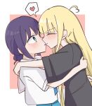  2girls ahoge arms_around_waist black_shirt blonde_hair blue_neckerchief blush border cho_kaguya-hime! closed_eyes commentary heart heart_ahoge highres kaguya_(cho_kaguya-hime!) kiss mihasu_ll multiple_girls neckerchief outside_border pink_background sailor_collar sakayori_iroha school_uniform serafuku shirt short_hair short_sleeves sidelocks simple_background spoken_heart upper_body white_border white_sailor_collar white_shirt wide-eyed yuri 