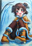  1girl :d absurdres acrylic_paint_(medium) akagi_miria bare_tree black_pantyhose blue_ribbon blush boots brown_eyes brown_hair capelet commentary_request convenient_leg dorsiflexion dot_nose dress footwear_ribbon full_body fur-trimmed_boots fur-trimmed_capelet fur-trimmed_dress fur-trimmed_sleeves fur_trim gloves hair_ribbon highres idolmaster idolmaster_cinderella_girls knees_up long_sleeves looking_at_viewer on_ground open_mouth orange_boots orange_capelet orange_dress orange_gloves outdoors painting_(medium) pantyhose pigeon-toed print_boots print_capelet print_sleeves ribbon shoe_soles short_dress short_hair sitting smile snow snowflake_print snowing solmyr2000 solo tareme traditional_media tree two_side_up upskirt winter_clothes 