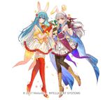  2girls animal_ear_hairband animal_ears aqua_eyes aqua_hair bare_shoulders bird black_pantyhose blue_eyes blue_hair blue_shirt blush boots breasts brown_boots brown_gloves commentary_request dress eirika_(fire_emblem) eirika_(spring_company)_(fire_emblem) english_commentary fake_animal_ears fake_tail fingerless_gloves fire_emblem fire_emblem:_radiant_dawn fire_emblem:_the_sacred_stones fire_emblem_heroes flower gloves grey_hair hair_ribbon hairband holding kippu long_hair looking_at_viewer micaiah_(fire_emblem) micaiah_(spring_company)_(fire_emblem) mixed-language_commentary multiple_girls neckerchief official_alternate_costume official_art pantyhose purple_neckerchief purple_vest rabbit_ears rabbit_tail red_boots red_gloves red_neckerchief red_shirt ribbon shirt simple_background skirt sleeveless smile stuffed_animal stuffed_rabbit stuffed_toy tail thigh_boots vest white_hairband white_skirt yellow_eyes yellow_vest yune_(fire_emblem) 