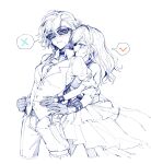  2girls :d absurdres armpit_crease arms_around_waist bare_shoulders blue_eyes breasts ceras_yanagida_lilienfeld chinese_commentary choker clenched_teeth collared_shirt commentary_request dress edel_note frilled_dress frills gloves greyscale half_gloves highres katsuragi_izumi large_breasts link!_like!_love_live! love_live! medium_breasts monochrome multiple_girls open_mouth orange_eyes pants shirt simple_background smile spoken_v spoken_x spot_color sunglasses teeth upper_teeth_only vest virtual_youtuber white_background yrxy_settingsun yuri 