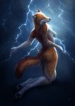  anthro breasts canine cheek_tuft claws digitigrade erect_nipples eyes_closed female inner_ear_fluff johis kneeling lightning mammal nipples nude outside pawpads raining side_boob solo tuft whiskers wolf 