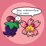  aseprite_(medium) cherrim cherrim_(overcast) cherrim_(sunshine) closed_eyes english_text highres jamesisjelly open_mouth pink_background pixel_art pokemon pokemon_(creature) speech_bubble two-tone_background 