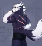 absurd_res anthro back_tuft bathroom black_bottomwear black_clothing black_shorts bottomwear brush brushing brushing_teeth butt clothing digital_drawing_(artwork) digital_media_(artwork) dragon dragonskyller facial_markings fur head_markings head_tuft hi_res hotpants latex latex_bottomwear latex_clothing latex_shorts looking_back male markings motion_lines multicolored_body mythological_creature mythological_scalie mythology pink_eyes rear_view scalie scar scars_all_over shorts skyller solo tail toothbrush tuft