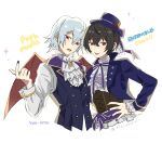  2boys ascot bemani black_hair black_nails blue_hair blue_hat blue_jacket blue_vest brown_corset character_name commentary copyright_name corset cropped_jacket cropped_torso crossover dark_night_halloween_(ensemble_stars!) demon_wings ensemble_stars! fine_ens fingernails flower hair_between_eyes hand_on_own_chest hand_up hat hat_flower hat_ribbon highres jacket long_sleeves looking_at_viewer male_focus multiple_boys official_alternate_costume open_mouth pop'n_music purple_ribbon red_eyes red_flower red_rose red_wings ribbon rose sakuma_ritsu shirt short_hair simple_background tongue tongue_out trait_connection underbust untranslatable_commentary vampire vest white_ascot white_background white_shirt wings yuli_(pop'n_music) 