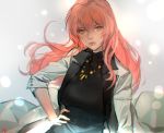  black_shirt blush coat commentary copyright_request eyebrows_visible_through_hair jewelry labcoat long_hair looking_at_viewer necklace parted_lips pink_hair shirt signature sleeves_rolled_up solo upper_body white_coat yang-do 