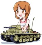  :d bandaid bandaid_on_knee bangs blue_shorts commentary driving eyebrows_visible_through_hair full_body girls_und_panzer go_kart ground_vehicle looking_to_the_side military military_vehicle monolith_(suibou_souko) motor_vehicle nishizumi_miho notice_lines open_mouth panzerkampfwagen_ii pink_shirt riding shadow shirt short_hair shorts simple_background sitting smile solo tank tank_top white_background younger 