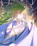  1other absurdres androgynous commentary enkidu_(fate) fate/grand_order fate_(series) green_eyes green_hair highres light_(nightty45) lightning long_hair parted_lips robe white_robe 