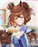  1girl 1other animal_ears aston_machan_(umamusume) blush book bookshelf bow bowtie breasts brown_hair cake cake_slice candle cellphone character_doll commentary_request crown d_n_illust doll fire food green_eyes hair_between_eyes hair_ornament hair_scrunchie highres holding holding_phone horse_ears horse_girl large_breasts long_sleeves looking_at_viewer mini_crown one_side_up open_mouth phone purple_sailor_collar purple_shirt red_scrunchie sailor_collar sailor_shirt school_uniform scrunchie shirt smartphone smile solo_focus taking_picture tilted_headwear tracen_school_uniform umamusume white_bow white_bowtie whiteboard 