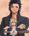  2boys bandage_on_cheek baseball_bat black_hair black_jacket blonde_hair blue_eyes blue_shirt blush closed_mouth cloud_strife cloud_strife_(midgard_seventh_high_school) collared_shirt commentary_request crossed_arms earrings final_fantasy final_fantasy_vii final_fantasy_vii:_ever_crisis gakuran hair_between_eyes hair_slicked_back highres holding holding_baseball_bat jacket jewelry male_focus medium_hair multiple_boys official_alternate_costume orange_background school_uniform shirt short_hair sideburns single_earring smile sparkle spiked_hair suisui_434 white_shirt zack_fair zack_fair_(midgard_seventh_high_school) 