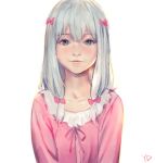  blue_eyes blue_hair bow closed_mouth commentary_request dress eromanga_sensei eyebrows_visible_through_hair hair_bow highres izumi_sagiri long_hair long_sleeves looking_at_viewer pink_bow pink_dress pink_lips realistic signature simple_background smile solo upper_body white_background yang-do 