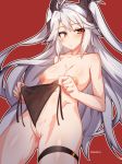  areolae azur_lane bangs black_panties blush breasts closed_mouth collarbone cowboy_shot eyebrows_visible_through_hair frown hair_ribbon holding holding_panties large_breasts long_hair looking_at_viewer nipples panties parted_bangs prinz_eugen_(azur_lane) pussy red_background ribbon side-tie_panties silver_hair simple_background solo tilt-shift topless twintails twitter_username underwear underwear_only untied untied_panties very_long_hair yellow_eyes 