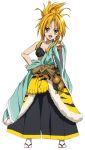  1girl absurdres animal_print black_bra blonde_hair bra breasts cleavage gourd hair_ribbon hair_up haqir_ribbon highres japanese_clothes katana long_hair medium_breasts miyamae_shinichi oda_nobuna oda_nobuna_no_yabou off_shoulder official_art ribbon sandals scabbard sheath sheathed smile solo sword tabi tiger_print translation_request underwear weapon yellow_eyes 