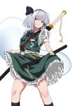  1girl absurdres black_bow black_bowtie black_socks bow bow_hairband bowtie commentary_request frilled_skirt frills green_skirt green_vest hairband highres hitodama_print konpaku_youmu konpaku_youmu_(ghost) looking_at_viewer print_vest puffy_short_sleeves puffy_sleeves sheath sheathed shirt short_hair short_sleeves simple_background skirt skirt_hold socks solo touhou vest white_background white_hair white_shirt yuri_kowashi_(tetsukabuto_nuranura) 