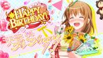  1girl amane_ai bad_id balloon bilingual_text blush bouquet bow brown_hair character_name closed_eyes confetti english_text facing_viewer flower game_cg happy happy_birthday heart_balloon holding holding_bouquet idol_wars medium_hair mixed-language_text nose_blush official_art open_mouth orange_flower orange_rose plaid_background red_ribbon ribbon rose second-party_source smile solo star_(symbol) string_of_flags stuffed_animal stuffed_toy sunflower teddy_bear teeth unworn_bow upper_body upper_teeth_only white_flower white_rose yellow_bow yellow_flower 