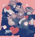  4boys animal_ears armor baggy_pants black_gloves black_hair blonde_hair blush boots cat_boy cat_ears cat_tail closed_eyes cloud_strife commentary_request crisis_core:_final_fantasy_vii crossed_ankles final_fantasy final_fantasy_vii final_fantasy_vii:_advent_children gloves hair_between_eyes hand_in_another's_hair hand_on_another's_head highres ht8207 hugging_own_legs kemonomimi_mode licking licking_another's_face male_focus military_uniform multiple_boys one_eye_closed open_mouth pants pauldrons paw_print pink_background ribbed_shirt ribbed_vest scarf shinra_infantry_uniform shirt short_hair shoulder_armor sideburns single_bare_shoulder sitting sitting_on_lap sitting_on_person sleeveless sleeveless_turtleneck smile spiked_hair tail time_paradox tongue tongue_out turtleneck waist_cape yaoi zack_fair 