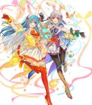  2girls animal_ear_hairband animal_ears aqua_eyes aqua_hair attack bare_shoulders bird black_pantyhose blue_eyes blue_hair blue_shirt blush boots breasts brown_boots brown_gloves dress egg eirika_(fire_emblem) eirika_(spring_company)_(fire_emblem) fake_animal_ears fake_tail fingerless_gloves fire_emblem fire_emblem:_radiant_dawn fire_emblem:_the_sacred_stones fire_emblem_heroes flower gloves grey_hair hair_ribbon hairband high_heels highres holding kippu long_hair looking_at_viewer micaiah_(fire_emblem) micaiah_(spring_company)_(fire_emblem) multiple_girls neckerchief non-web_source official_alternate_costume official_art one_eye_closed open_mouth pantyhose purple_neckerchief purple_vest rabbit_ears rabbit_tail red_boots red_gloves red_neckerchief red_shirt ribbon shirt skirt sleeveless smile stuffed_animal stuffed_rabbit stuffed_toy tail thigh_boots vest white_hairband white_skirt yellow_eyes yellow_vest 