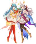  2girls animal_ear_hairband animal_ears aqua_eyes aqua_hair bare_shoulders bird black_pantyhose blue_eyes blue_hair blue_shirt blush boots breasts brown_boots brown_gloves dress eirika_(fire_emblem) eirika_(spring_company)_(fire_emblem) fake_animal_ears fake_tail fingerless_gloves fire_emblem fire_emblem:_radiant_dawn fire_emblem:_the_sacred_stones fire_emblem_heroes flower gloves grey_hair hair_ribbon hairband high_heels highres holding kippu long_hair looking_at_viewer micaiah_(fire_emblem) micaiah_(spring_company)_(fire_emblem) multiple_girls neckerchief non-web_source official_alternate_costume official_art pantyhose purple_neckerchief purple_vest rabbit_ears rabbit_tail red_boots red_gloves red_neckerchief red_shirt ribbon shirt skirt sleeveless smile stuffed_animal stuffed_rabbit stuffed_toy tachi-e tail thigh_boots vest white_hairband white_skirt yellow_eyes yellow_vest 