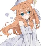  1girl alternate_costume animal_ear_fluff animal_ear_headwear animal_ears bell blue_archive blue_eyes blush cat_ears choker dress elbow_gloves flower gloves hair_between_eyes halo hat highres long_hair looking_at_viewer mamiya076 mari_(blue_archive) neck_bell orange_hair parted_lips simple_background solo white_background white_choker white_dress white_gloves yellow_halo 