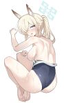  1girl absurdres animal_ear_fluff animal_ears ass blonde_hair blue_archive blue_eyes blue_halo blue_one-piece_swimsuit blush breasts clothes_pull commentary_request dog_ears hair_over_one_eye halo highleg highleg_one-piece_swimsuit highres kanna_(blue_archive) korean_commentary large_breasts layer_(layer_illust) long_hair looking_at_viewer looking_back one-piece_swimsuit one-piece_swimsuit_pull open_mouth partially_undressed ponytail rectangular_halo sharp_teeth solo swimsuit teeth wet whistle whistle_around_neck 