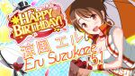  1girl :d bad_id balloon bilingual_text black_hat box breasts brown_bag brown_eyes brown_hair character_name choker cleavage clothes_writing collarbone confetti earrings english_text feathers flower game_cg happy_birthday hat hat_feather heart heart-shaped_box heart_balloon holding holding_umbrella hoop_earrings idol_wars jacket jewelry large_breasts looking_at_viewer mixed-language_text official_art open_clothes open_jacket open_mouth orange_flower orange_rose orange_umbrella plaid_background race_queen red_choker red_ribbon ribbon rose second-party_source short_hair sleeveless sleeveless_jacket smile solo star_(symbol) string_of_flags suzukaze_eru teeth top_hat two-tone_umbrella umbrella under_umbrella unworn_hat unworn_headwear upper_body upper_teeth_only white_feathers white_hat white_jacket white_umbrella wristband 