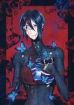  1girl amputee android black_hair blood blood_from_forehead blood_from_mouth blood_on_face blue_butterfly blue_eyes bug butterfly butterfly_on_hand commentary copyright_name dkpn exposed_bone hand_on_own_chest highres looking_at_viewer mechabare one_eye_covered red_background short_hair signalis skin_seams solo storch_(signalis) surreal untranslatable_commentary upper_body 