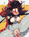  1boy 1girl absurdres armpits black_bodysuit black_hair blue_eyes bodysuit breast_cutout breasts breasts_out clitoral_hood clitoris clothing_cutout covered_navel cum cum_in_pussy cum_overflow erection grey_bodysuit hair_ornament heart highres marvel marvel_rivals mecha_pilot_suit moaning motion_lines multicolored_bodysuit multicolored_hair nipples open_mouth outline peni_parker penis pussy pussy_cutout red_outline red_streaks rolling_eyes saliva sex short_hair solo spider-man_(series) spread_legs streaked_hair teeth thighs two-tone_bodysuit vaginal white_background yellow_background yutakke 