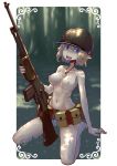  :d absurdres bare_shoulders barefoot blue_eyes blush breasts collarbone dog_tags elf erica_(naze1940) forest grass groin gun helmet highres holding holding_gun holding_weapon long_hair m1918_bar m1_helmet machine_gun medium_breasts military nature nipples nude open_mouth original outdoors perky_breasts pointy_ears short_hair sitting smile solo teeth thighhighs tongue tongue_out wariza weapon 
