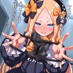  1girl abigail_williams_(fate) abigail_williams_(first_ascension)_(fate) absurdres azatychan black_bow black_dress black_hat black_panties blonde_hair blue_eyes blush bow breasts commentary_request dress fate/grand_order fate_(series) forehead hair_bow hat highres holding holding_panties holding_underwear holding_unworn_clothes long_hair long_sleeves looking_at_viewer open_mouth orange_bow panties parted_bangs presenting_removed_panties ribbed_dress small_breasts smile solo translation_request underwear 
