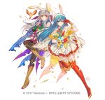  2girls animal_ear_hairband animal_ears aqua_eyes aqua_hair bare_shoulders battle_damage bird black_pantyhose blue_eyes blue_hair blue_shirt blush boots breasts brown_boots brown_gloves commentary_request damaged dress eirika_(fire_emblem) eirika_(spring_company)_(fire_emblem) english_commentary fake_animal_ears fake_tail fighting_stance fingerless_gloves fire_emblem fire_emblem:_radiant_dawn fire_emblem:_the_sacred_stones fire_emblem_heroes flower gloves grey_hair hair_ribbon hairband holding kippu long_hair micaiah_(fire_emblem) micaiah_(spring_company)_(fire_emblem) mixed-language_commentary multiple_girls neckerchief official_alternate_costume official_art one_eye_closed pantyhose parted_lips purple_neckerchief purple_vest rabbit_ears rabbit_tail red_boots red_gloves red_neckerchief red_shirt ribbon shirt simple_background skirt sleeveless stuffed_animal stuffed_rabbit stuffed_toy tail thigh_boots torn_clothes vest white_hairband white_skirt yellow_eyes yellow_vest yune_(fire_emblem) 