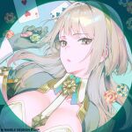  1girl animal_ears black_gloves black_jacket black_survival breasts brooch card commentary_request detached_collar eternal_return:_black_survival fake_animal_ears gloves grey_eyes grey_hair hairband hand_up haze_(black_survival) highres hop3 jacket jewelry korean_commentary large_breasts leotard long_hair looking_at_viewer necktie official_alternate_costume open_mouth playboy_bunny playing_card poker_chip rabbit_ears short_necktie solo strapless strapless_leotard upper_body white_leotard wing_collar wrist_cuffs 