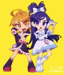  2girls :o ahoge arm_up belt black_gloves black_shirt black_shoes black_skirt blue_trim blush bow bowtie buckle check_clothing clenched_hand clothing_request commentary_request crop_top cure_black cure_black_pose cure_white cure_white_pose double-parted_bangs dress earrings elbow_gloves eyeshadow fingerless_gloves floating_hair frilled_gloves frilled_shirt frilled_skirt frills futari_wa_precure gloves hair_between_eyes hair_bow hair_ornament heart heart-shaped_buckle heart_earrings heart_hair_ornament heart_hands heart_ornament high_ponytail jewelry layered_skirt legs_apart long_hair looking_at_viewer makeup medium_hair midriff mori_no_ji multiple_girls navel object_request open_mouth orange_eyes orange_hair ponytail precure purple_belt purple_eyes purple_eyeshadow purple_hair red_belt shirt shoes short_sleeves signature simple_background skirt spiked_hair swept_bangs teeth upper_teeth_only v-shaped_eyebrows white_bow white_bowtie white_dress white_gloves white_shoes yellow_background 