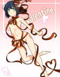  1girl aqua_eyes black_hair blunt_bangs bob_cut breasts candy chocolate closed_mouth completely_nude dungeons_&amp;_dolls food full_body gradient_background hair_ornament happy_valentine heart heart-shaped_chocolate heart-shaped_food heart_ribbon hiyopin looking_at_viewer naked_ribbon navel nude official_art orion_(orionproject) pink_background red_ribbon ribbon small_breasts smile solo valentine 