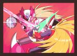  2boys alternate_costume android arm_cannon armor blonde_hair blue_gem clash commission energy_blade energy_sword evil_grin evil_smile feet_out_of_frame fighting forehead_jewel from_behind full_body gem glint grin helmet holding holding_sword holding_weapon inkerton-kun long_hair male_focus mega_man_(series) mega_man_x_(series) mega_man_zero_(series) mega_man_zero_3 multiple_boys omega_(mega_man) pale_skin red_armor red_helmet red_vest smile sparks split_theme sword sword_clash sword_fight vest weapon z_saber zero(z)_(mega_man) zero_(mega_man) 