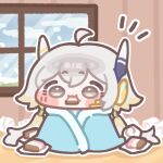  1girl ahoge blanket chibi chibi_only commentary_request eating food_in_mouth food_request full_body grey_hair hair_between_eyes indoors korean_commentary low_twintails monyami outline renewa_(trickcal) robot_ears solo trickcal twintails white_outline window 