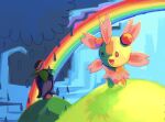  cherrim cherrim_(overcast) cherrim_(sunshine) cloud day grass no_humans obscurumstar open_mouth pokemon pokemon_(creature) rain rainbow 