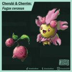  absurdres artist_name cherrim cherrim_(sunshine) cherubi evolutionary_line highres instagram_logo instagram_username looking_at_viewer no_humans open_mouth pokemon pokemon_(creature) swainathan tiktok_logo tiktok_username tumblr_logo tumblr_username 