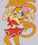  1girl amiga_(samba_de_amigo) animal_ears bandeau blue_eyes body_fur breasts brown_fur brown_hair champchidi cleavage earrings feet_out_of_frame fingernails front-tie_top full_body heart heart_earrings highres jewelry large_breasts looking_at_viewer miniskirt monkey_ears monkey_girl monkey_tail nail_polish one_eye_closed outline pink_nails pink_outline portuguese_commentary red_bandeau red_skirt samba_de_amigo skirt smile solo standing stud_earrings tail underboob updo 